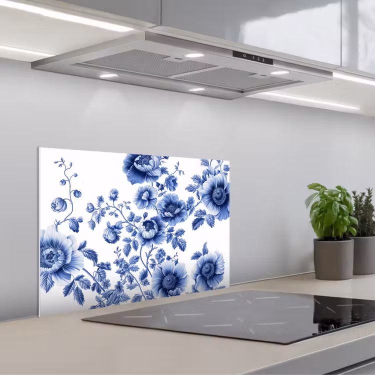 Spritzschutz Küche - Blumen - Delfter Blau - Kunst - Weiß — 1
