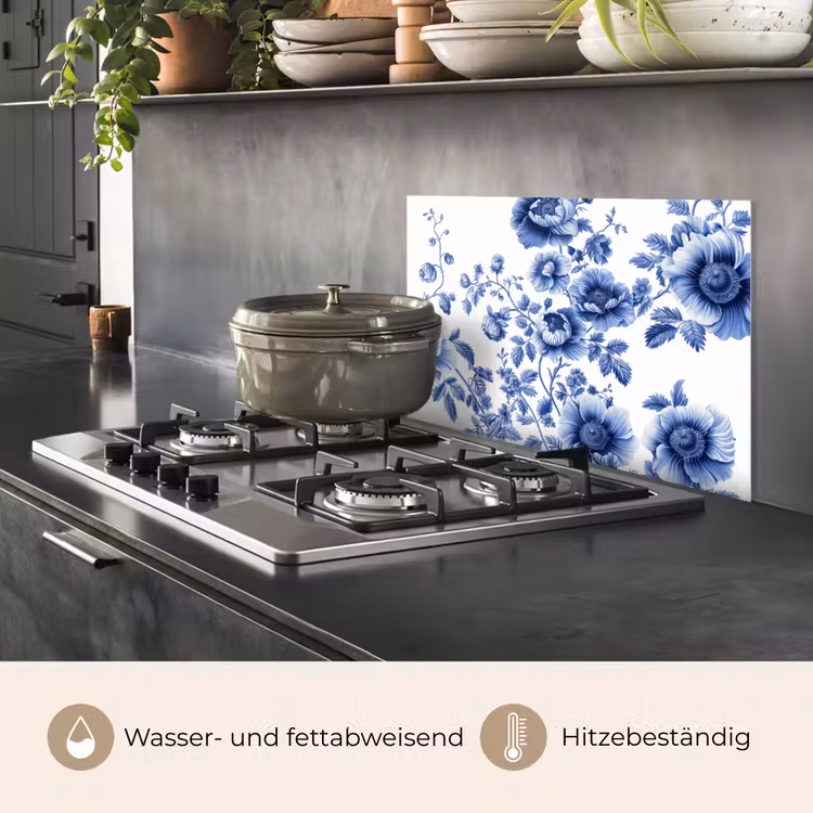 Spritzschutz Küche - Blumen - Delfter Blau - Kunst - Weiß — 2