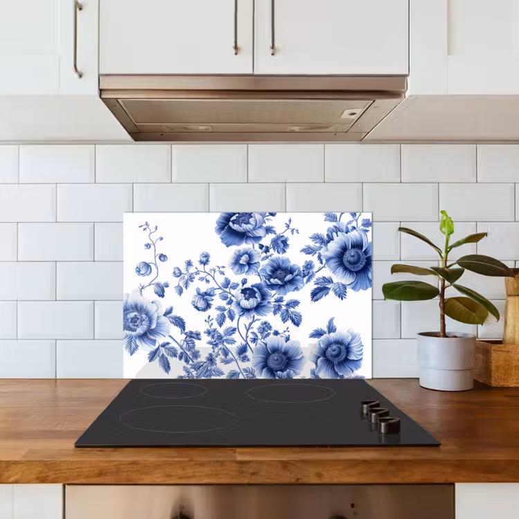 Spritzschutz Küche - Blumen - Delfter Blau - Kunst - Weiß — 3