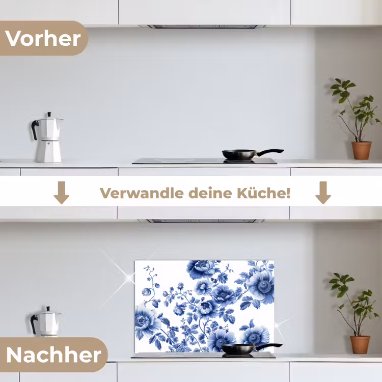 Spritzschutz Küche - Blumen - Delfter Blau - Kunst - Weiß — 7