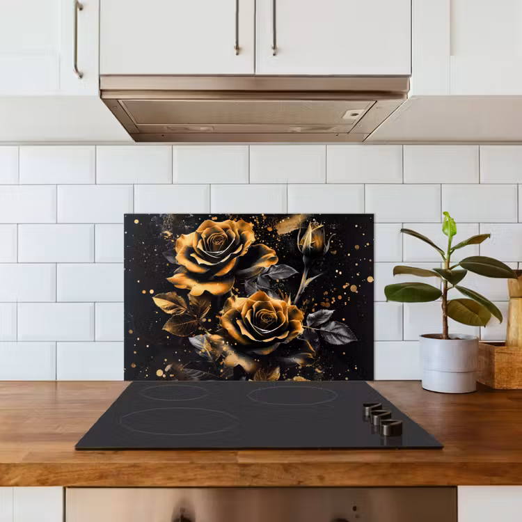 Spritzschutz Küche - Blumen - Gold - Schwarz - Kunst — 3