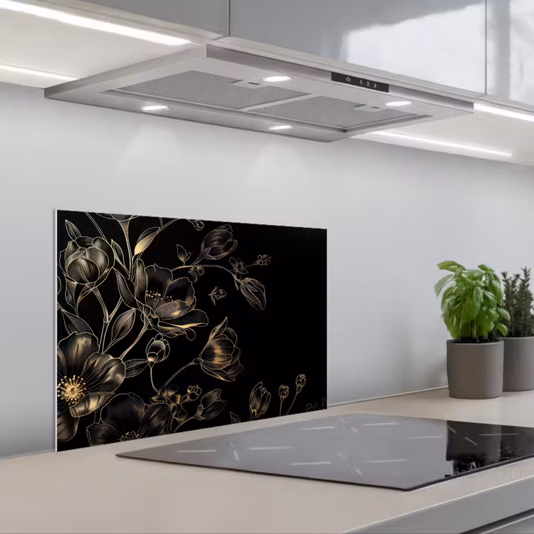 Spritzschutz Küche - Blumen - Kunst - Gold - Schwarz — 1