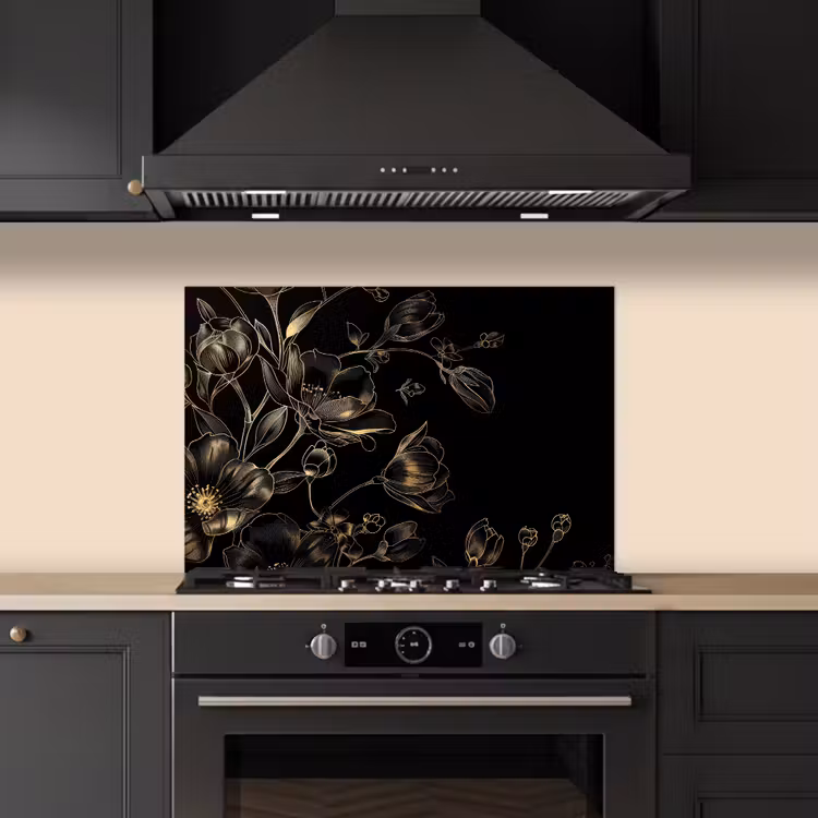 Spritzschutz Küche - Blumen - Kunst - Gold - Schwarz — 5
