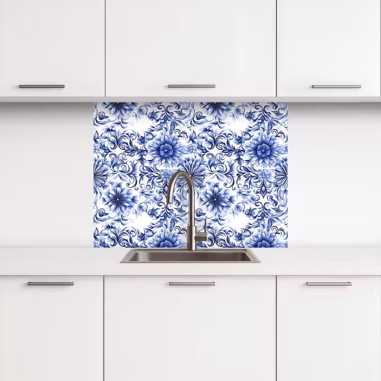 Küchenrückwand - Blumen - Blau - Muster - Weiß — 3
