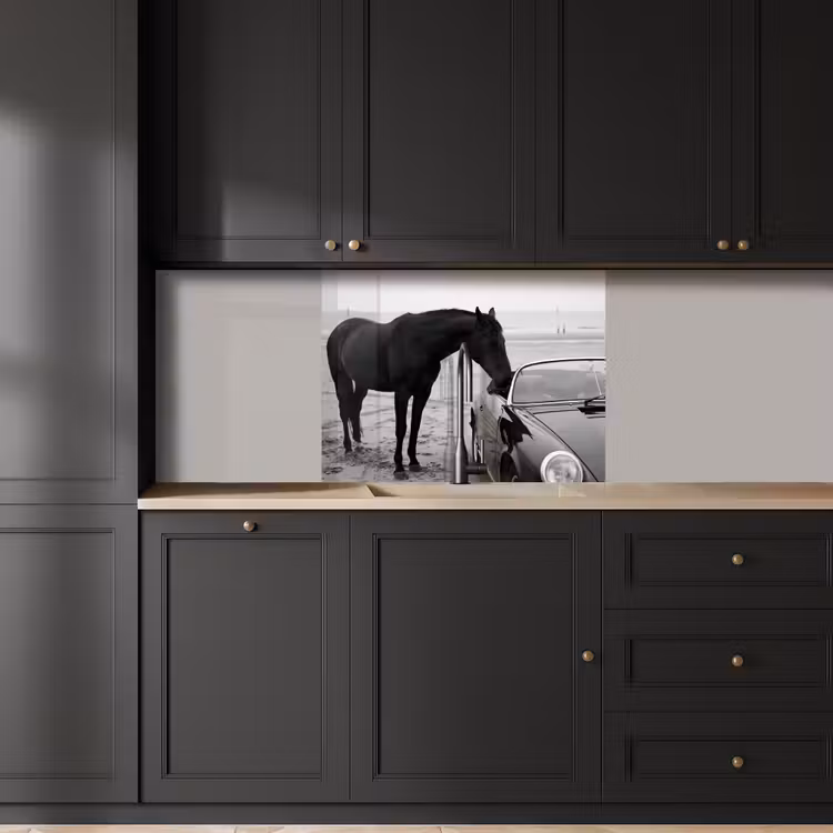 Küchen rückwand - Pferd - Auto - Schwarz - Weiß — 5