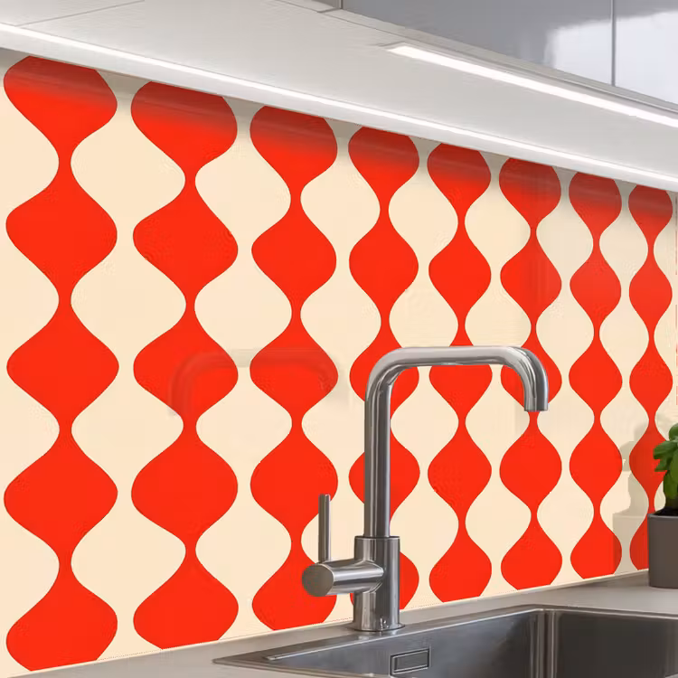 Küchenrückwand - Wellenförmiges Muster - Retro - Rot - Beige — 1