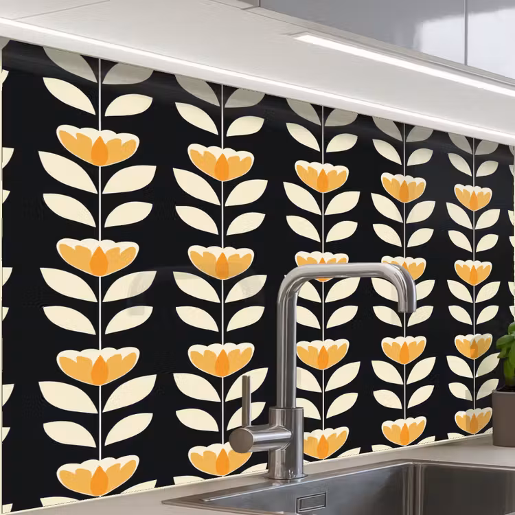 Küchenrückwand - Retro - Blume - Schwarz - Ockergelb — 1