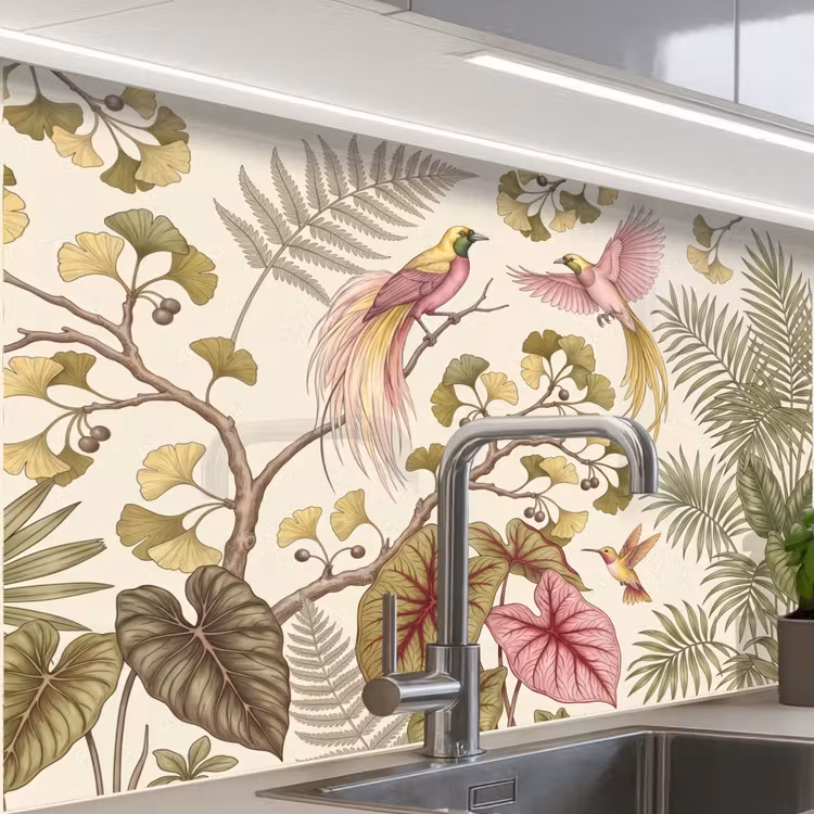 Küchen rückwand - Vögel - Tropisch - Botanisch - Rosa — 1