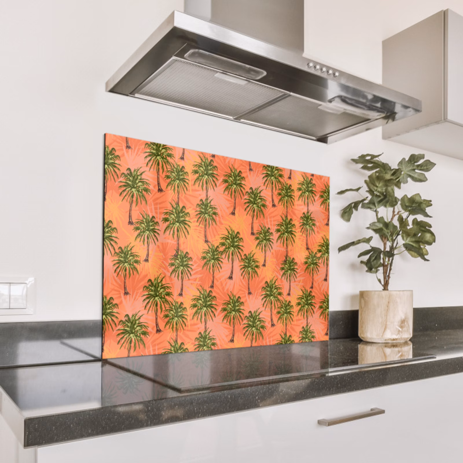 Spritzschutz Küche - Nostalgisch - Küste - Meer - Palmen - Orange - Gelb — 1
