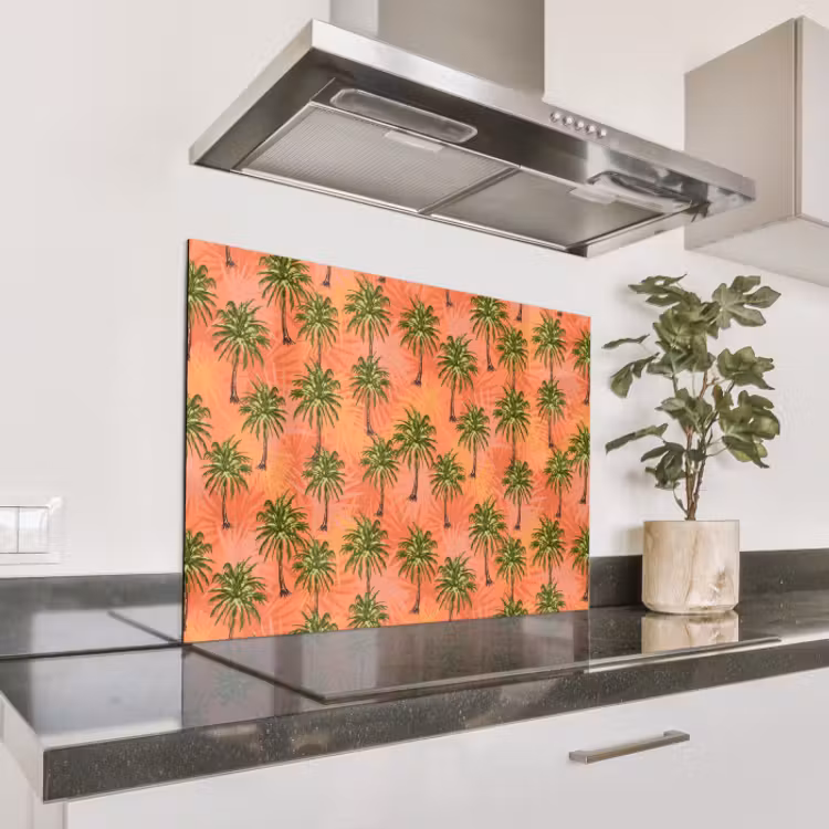 Spritzschutz Küche - Nostalgisch - Küste - Meer - Palmen - Orange - Gelb — 1