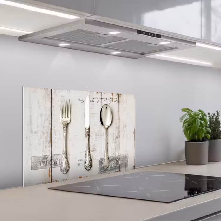 Spritzschutz Küche - Silber - Besteck - Holz — 1