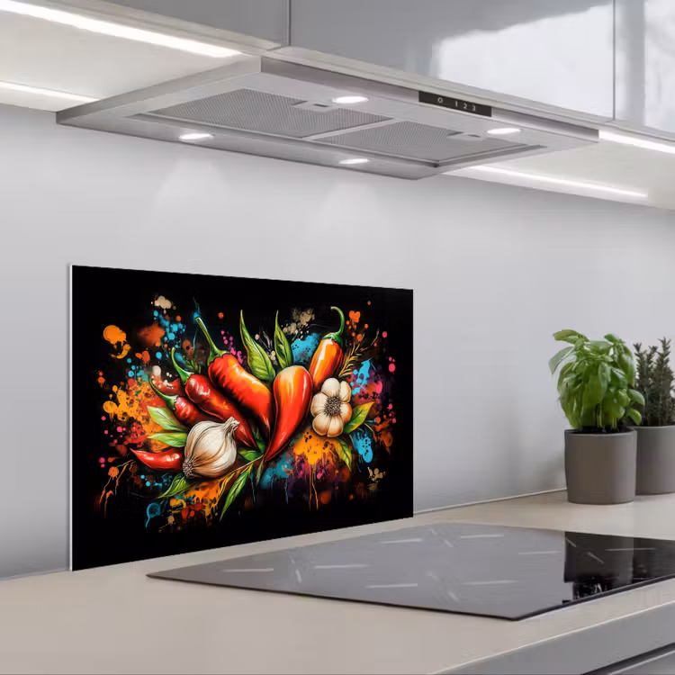 Spritzschutz Küche - Gemüse - Paprika - Knoblauch - Graffiti - Farbe - Bunt — 1
