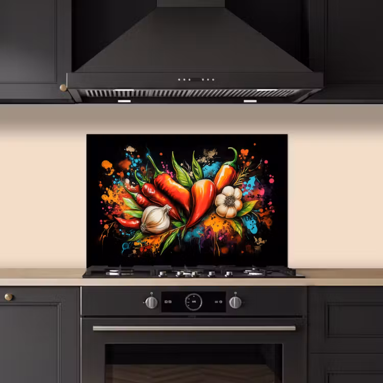 Spritzschutz Küche - Gemüse - Paprika - Knoblauch - Graffiti - Farbe - Bunt — 5