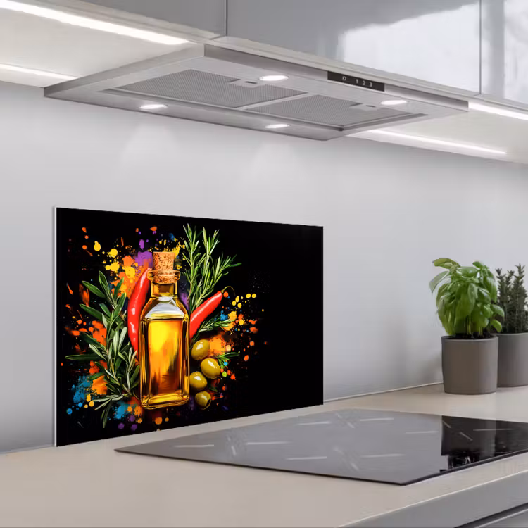 Spritzschutz Küche - Olivenöl - Graffiti - Pfeffer - Oliven - Modern — 1