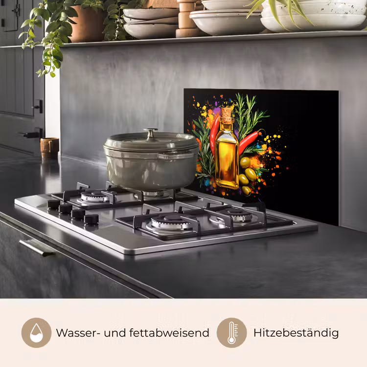 Spritzschutz Küche - Olivenöl - Graffiti - Pfeffer - Oliven - Modern — 2