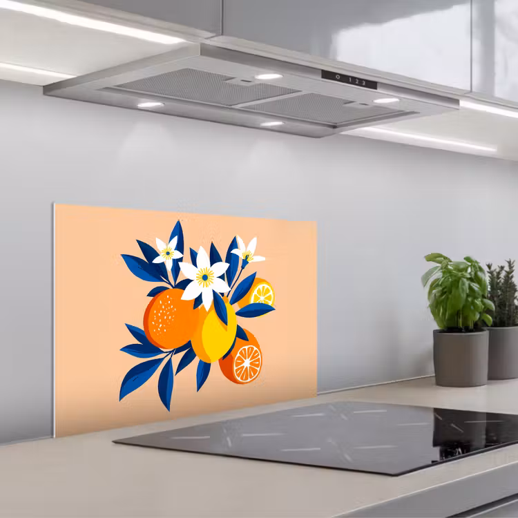 Spritzschutz Küche - Illustration - Orangen - Dunkelblau - Blumen — 1