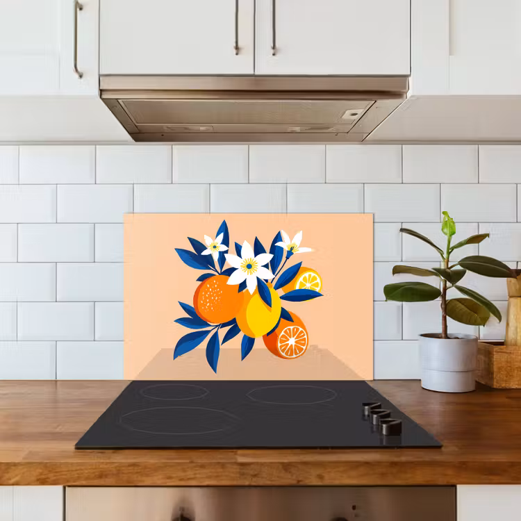 Spritzschutz Küche - Illustration - Orangen - Dunkelblau - Blumen — 3
