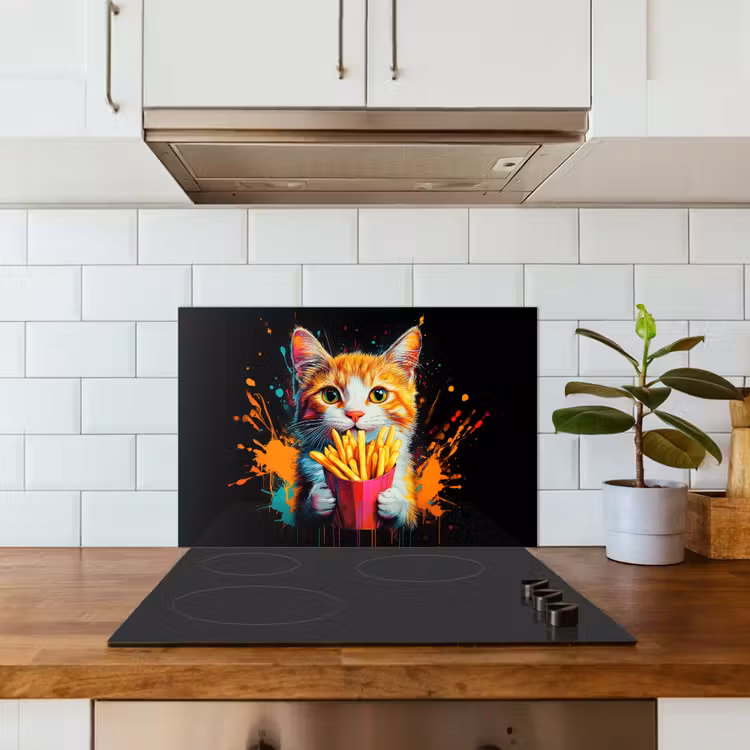 Spritzschutz Küche - Katze - Essen - Pommes frites - Graffiti - Abstrakt — 3