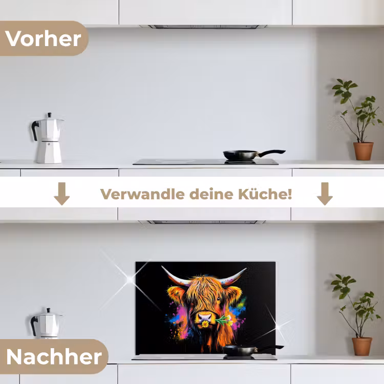 Spritzschutz Küche - Schottischer Highlander - Graffiti - Bunt - Blume - Tiere — 7
