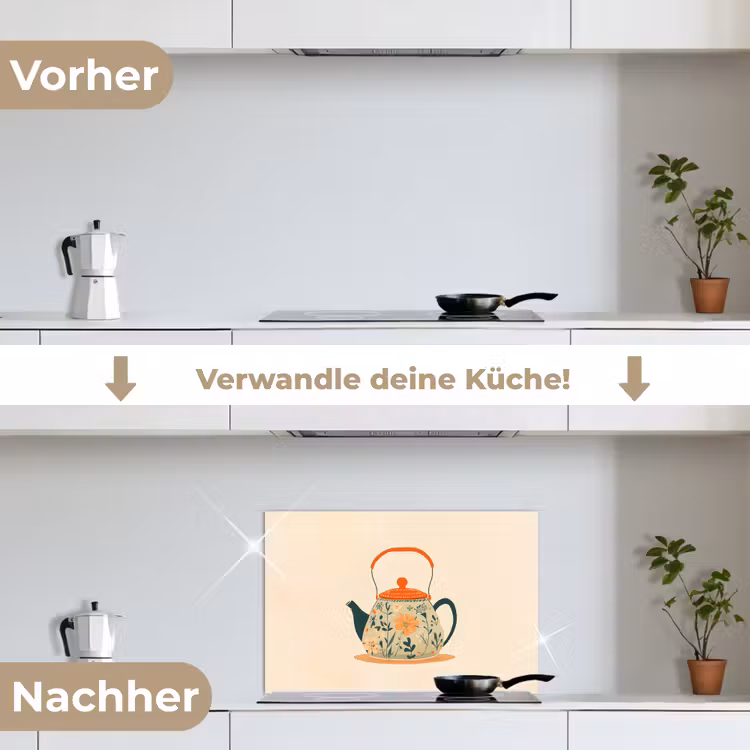 Spritzschutz Küche - Orange - Teekanne - Blumen - Blätter — 7