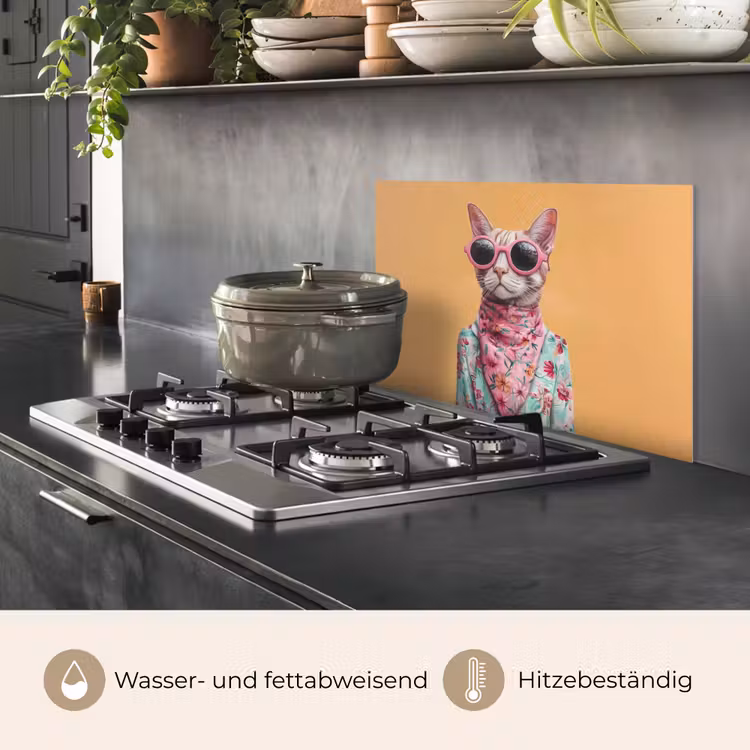 Spritzschutz Küche - Sonnenbrille - Katze - Halstuch - Blumen — 2
