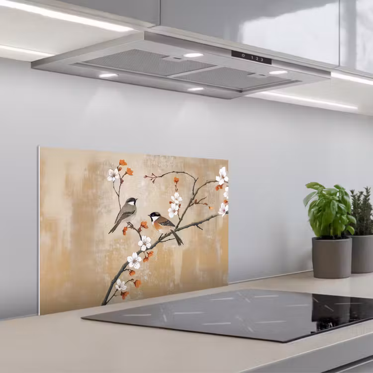 Spritzschutz Küche - Vögel - Blütenzweig - Orange — 1