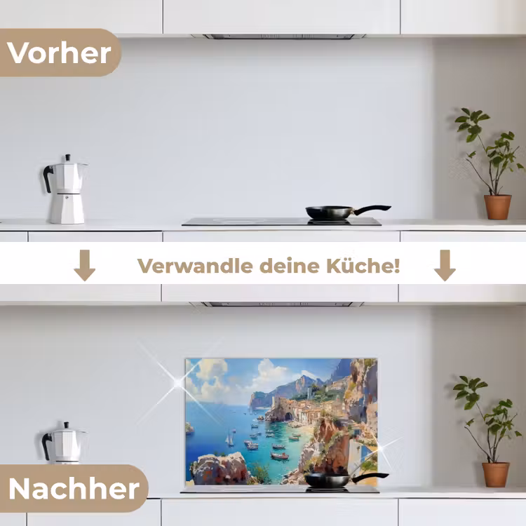 Spritzschutz Küche - Küstendorf - Malerei - Felsen - Boote — 7