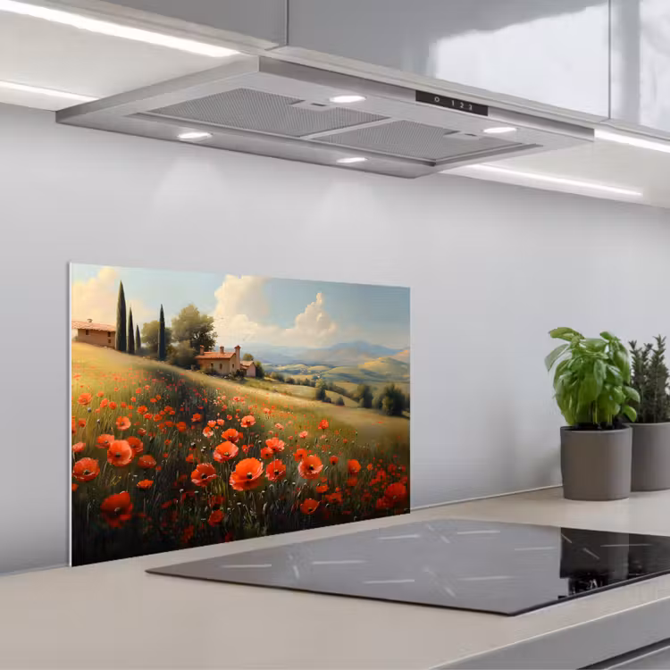Spritzschutz Küche - Mohnblumen - Rot - Hügel - Landschaft — 1