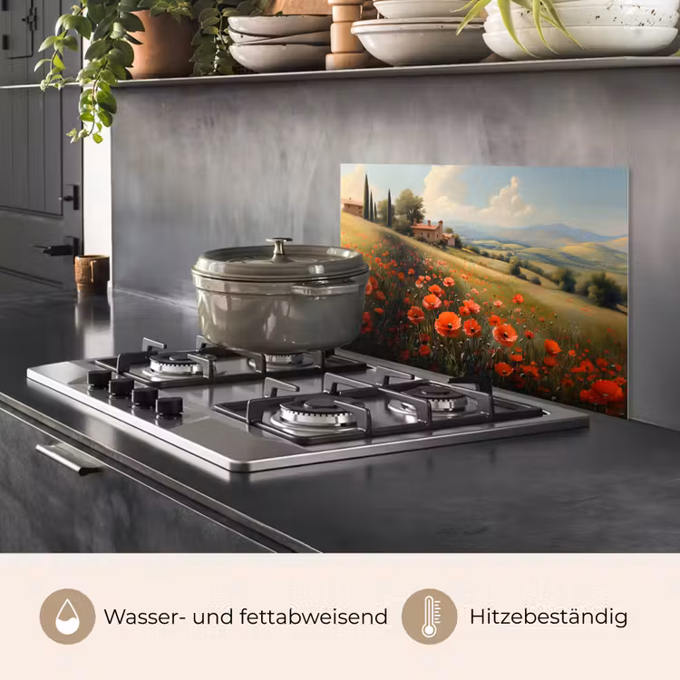 Spritzschutz Küche - Mohnblumen - Rot - Hügel - Landschaft — 2
