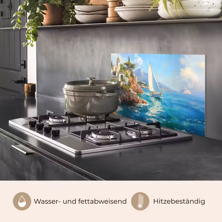 Spritzschutz Küche - Segelboot - Felsen - Küste - Häuser — 2