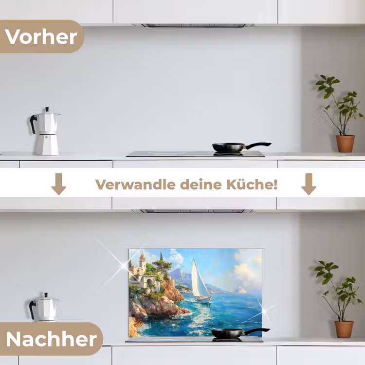 Spritzschutz Küche - Segelboot - Felsen - Küste - Häuser — 7