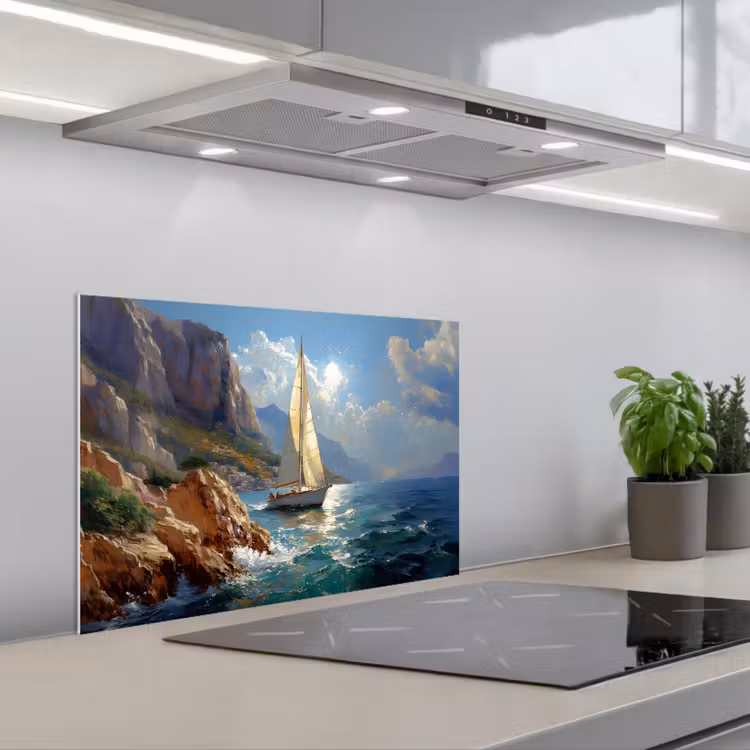 Spritzschutz Küche - Segelschiff - Meer - Felsen - Wolken — 1