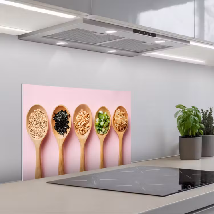 Spritzschutz Küche - Zutaten - Löffel - Holz - Rosa — 1