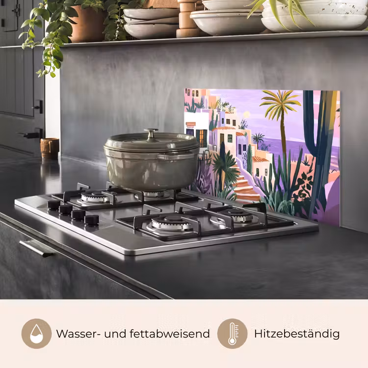 Spritzschutz Küche - Häuser - Minimalistisch - Palmen - Küstenlandschaft — 2