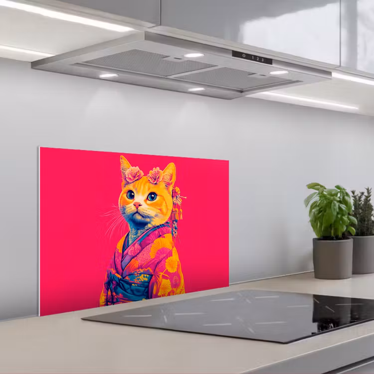 Spritzschutz Küche - Katze - Kimono - Blumen - Rosa — 1