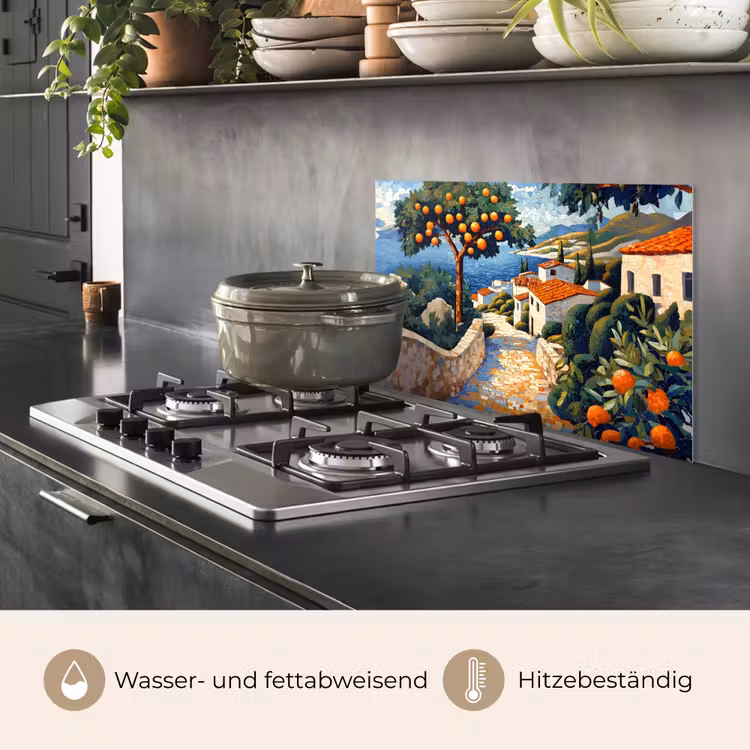 Spritzschutz Küche - Häuser - Mosaik - Orangenbäume - Meer — 2