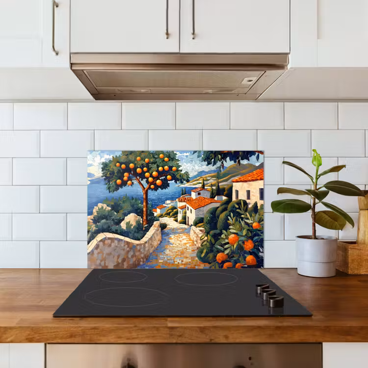 Spritzschutz Küche - Häuser - Mosaik - Orangenbäume - Meer — 3