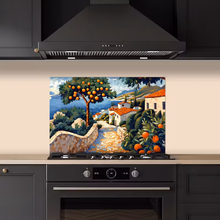 Spritzschutz Küche - Häuser - Mosaik - Orangenbäume - Meer — 5