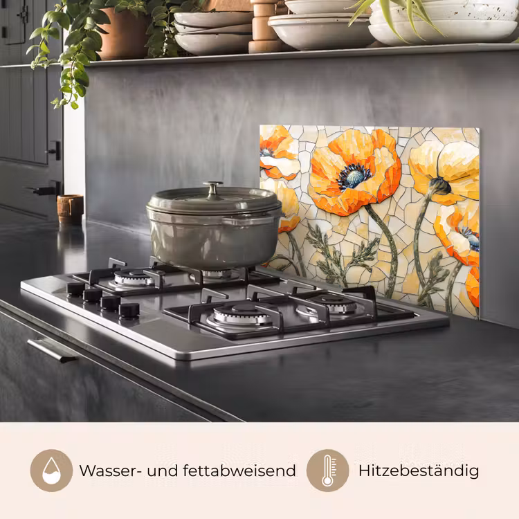 Spritzschutz Küche - Mohnblumen - Orange - Mosaik - Blätter — 2