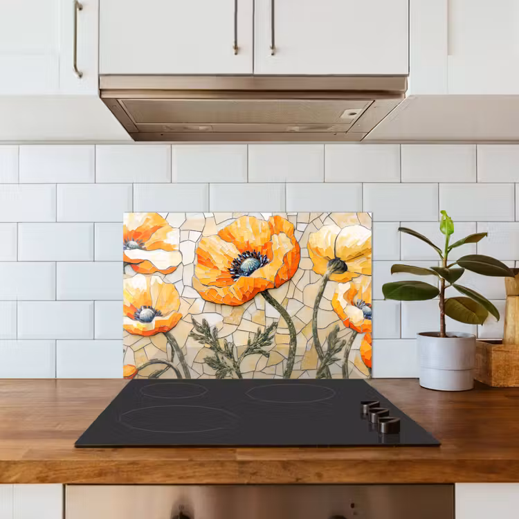 Spritzschutz Küche - Mohnblumen - Orange - Mosaik - Blätter — 3