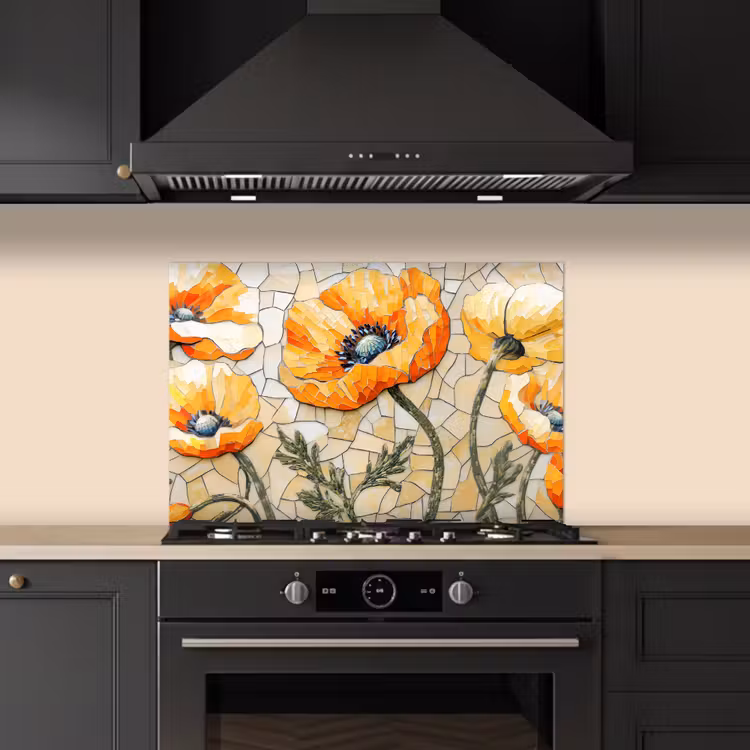 Spritzschutz Küche - Mohnblumen - Orange - Mosaik - Blätter — 5