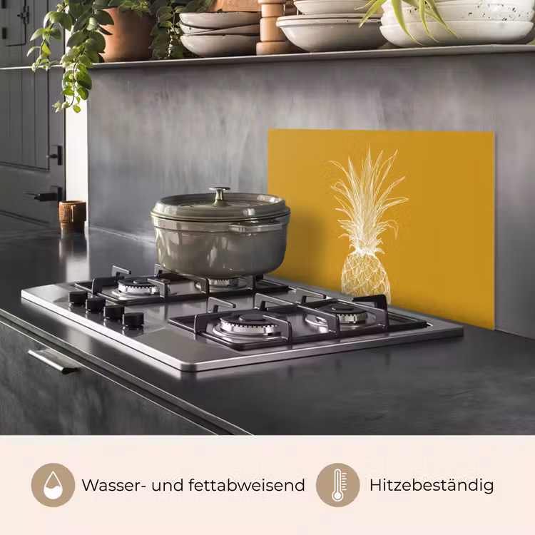 Spritzschutz Küche - Strich-Illustration - Ananas - Blattkrone - Ockergelb — 2