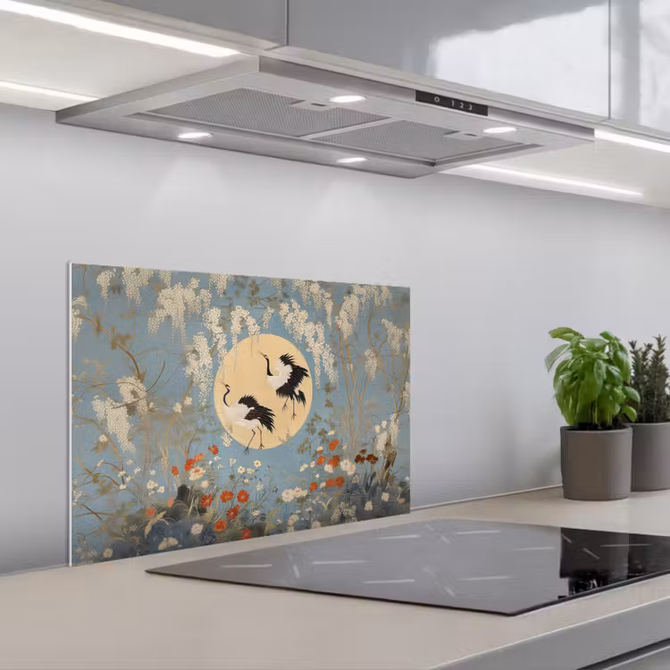 Spritzschutz Küche - Kraniche - Mond - Blumen - Blau — 1