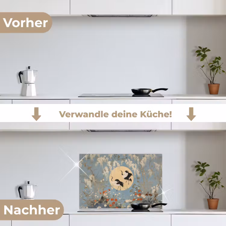 Spritzschutz Küche - Kraniche - Mond - Blumen - Blau — 7