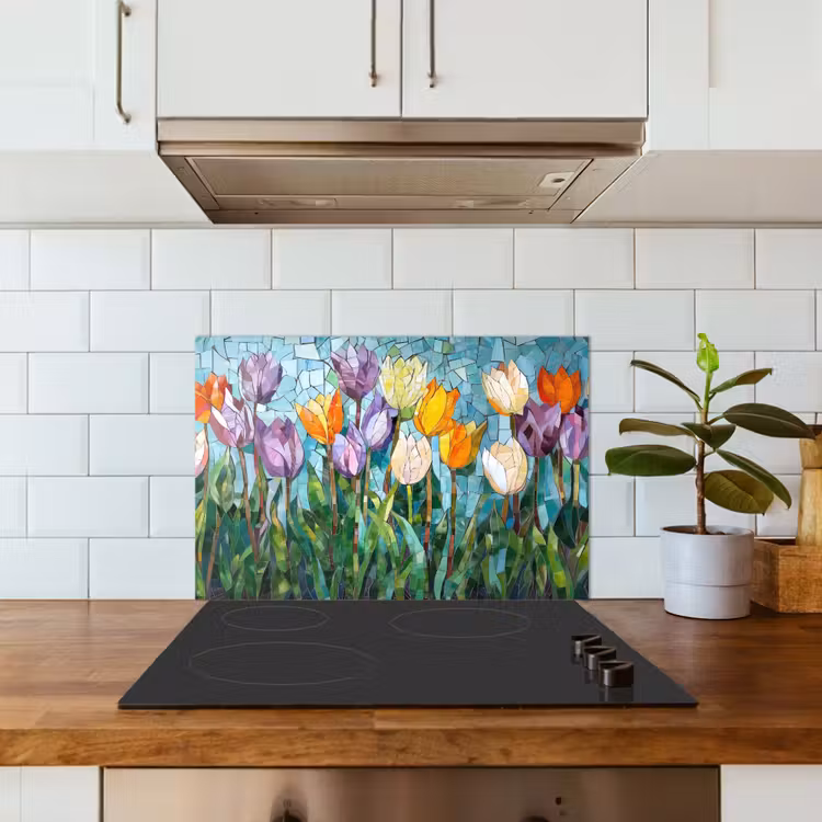 Spritzschutz Küche - Mosaik - Feld - Tulpen - Farbenfroh — 3