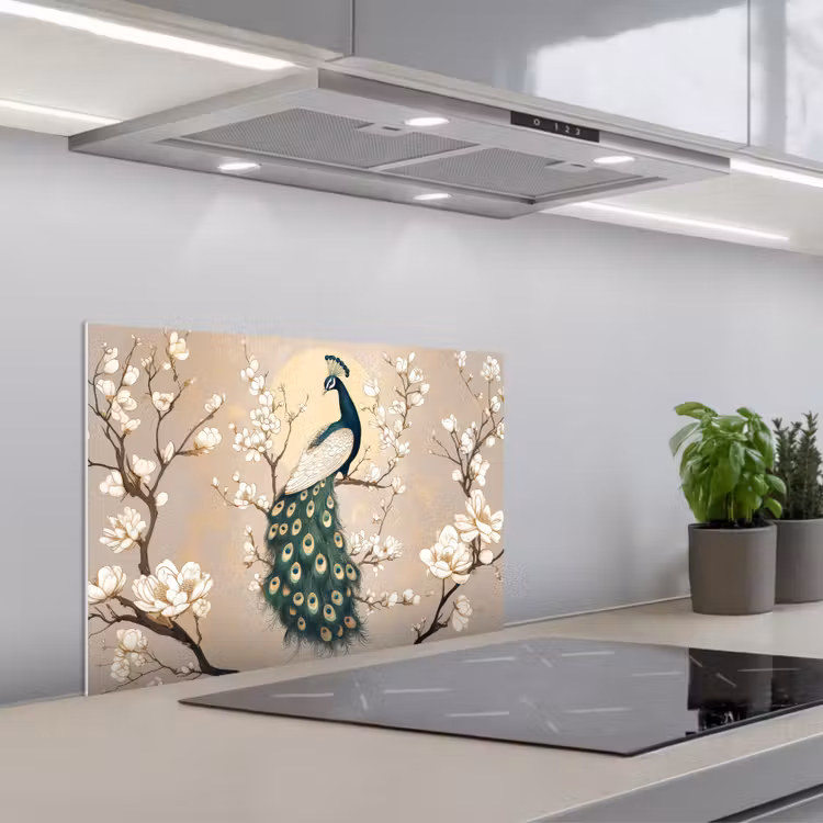 Spritzschutz Küche - Pfau - Zweig - Blumen — 1