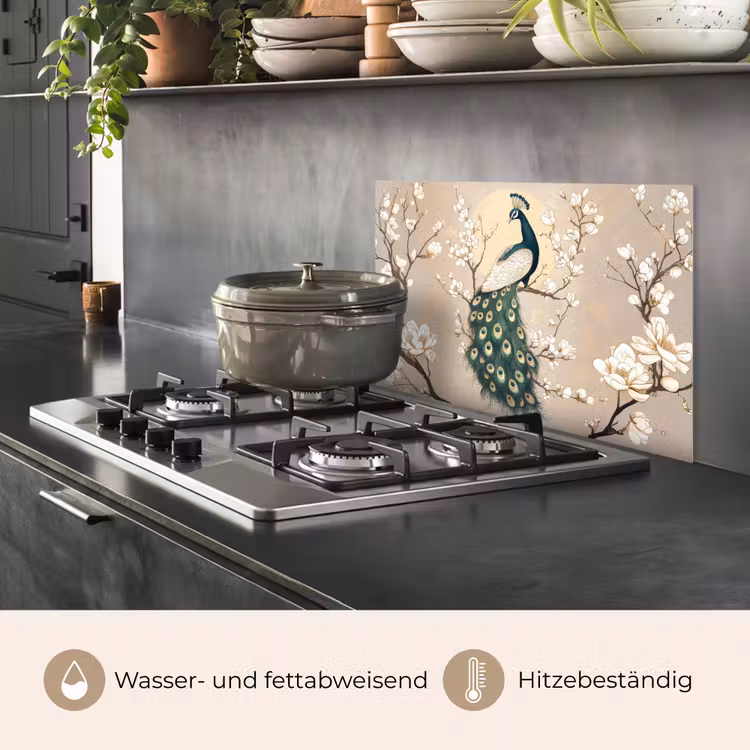 Spritzschutz Küche - Pfau - Zweig - Blumen — 2