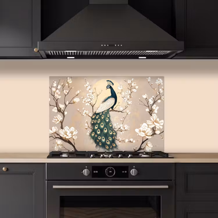 Spritzschutz Küche - Pfau - Zweig - Blumen — 5