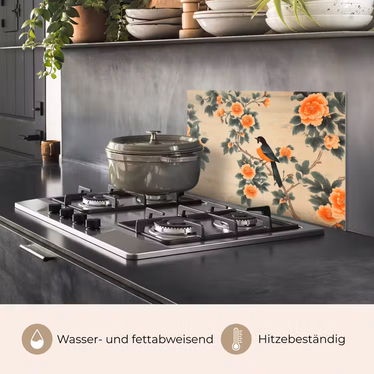 Spritzschutz Küche - Vogel - Zweig - Blumen - Orange — 2