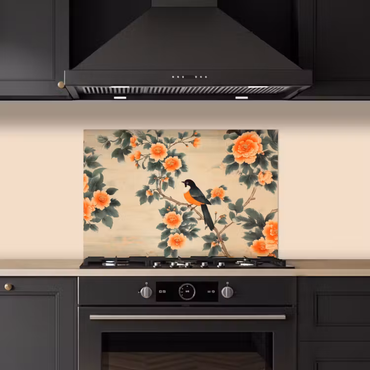 Spritzschutz Küche - Vogel - Zweig - Blumen - Orange — 5